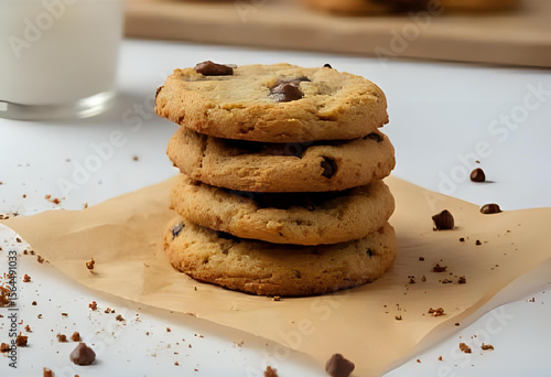 Wallpaper Mural Stack of freshly baked chocolate chip cookies on parchment paper with crumbs around.  Torontodigital.ca