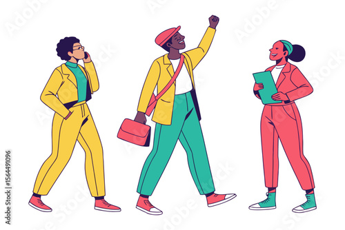 Diverse professionals in stylish attire confidently stride forward embodying success communication and achievement in a modern vibrant setting