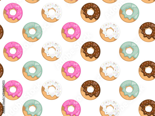 Seamless pattern of scattered glazed donuts, also commonly spelled doughnuts, in various flavors and colors with colorful sprinkles, on white background.