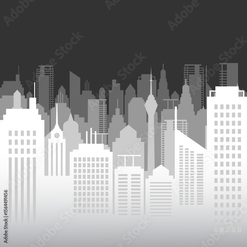 Stylized cityscape silhouettes of gradient white and grey buildings, against a black background.