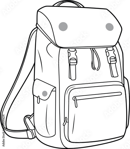 Utility Backpack Design Sketch: Front View with Multiple Pockets and Adjustable Straps, Fashion Illustration for Functional Bags