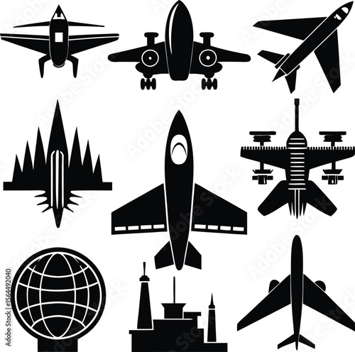 Black and White Airplane Vector Graphics: Aircraft Silhouettes, Globe, and Airport Icons