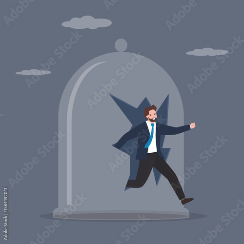 Confident man breaks glass jar and get out of comfort zone for freedom. Pushing limits challenge yourself to overcome boundary, effort to push over limit,