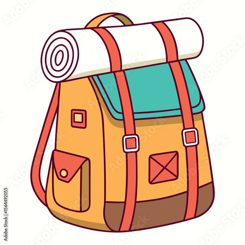 Orange backpack with rolled sleeping bag camping travel