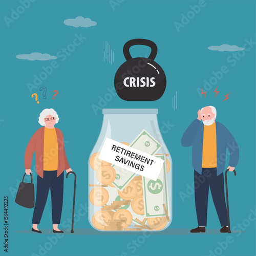 Crisis weight kettlebell fall in glass jar with savings. Unhappy elderly people watches savings being destroyed. Inflation or crisis destroys pension or retirement savings.