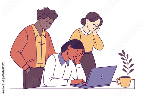 Three diverse colleagues experience exhaustion and stress while working together at a desk with a laptop and coffee cup