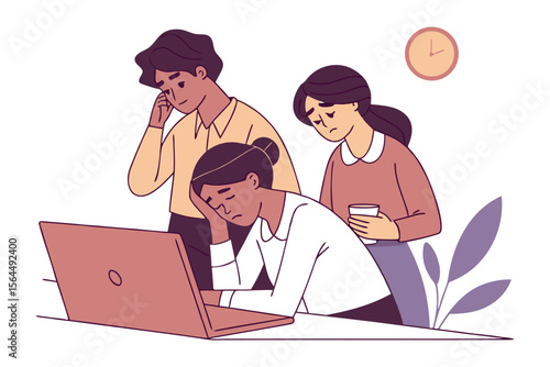 Three stressed colleagues looking at a laptop screen with expressions of exhaustion and worry during a late night at the office