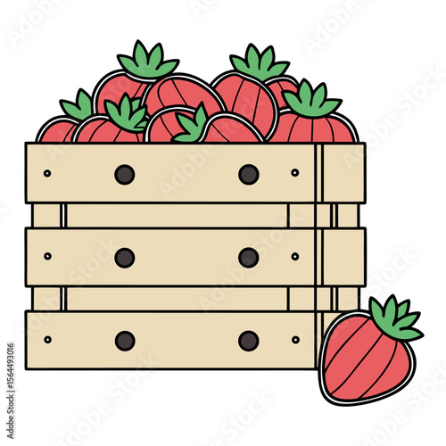 Wooden crate overflowing with ripe red strawberries