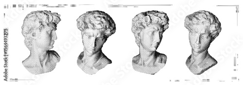 David in halftone style. 3d bust set in style y2k brutalism pixel
