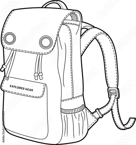 Adventure Backpack Design Sketch: Front View with Flap Closure and Side Pocket, Fashion Illustration for Outdoor Gear