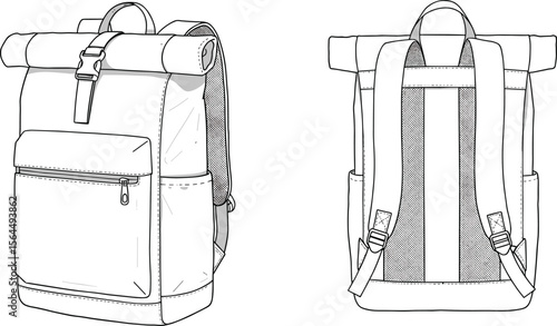 Black and white line art of roll top backpack front and back view, minimalist hiking school travel bag illustration drawing