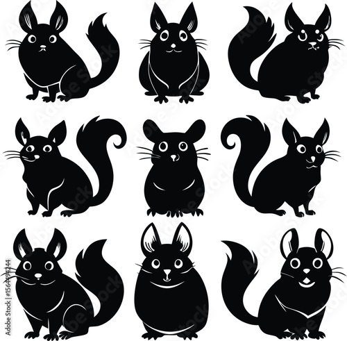 Black and White Chinchilla Silhouette Vector Illustration Set Cute Rodent Graphic Art