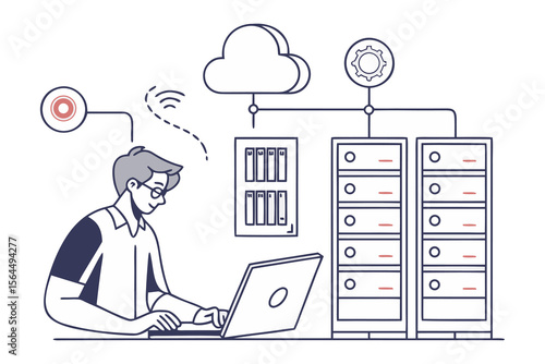 It professional managing cloud infrastructure and servers from a laptop illustrating digital transformation and network operations