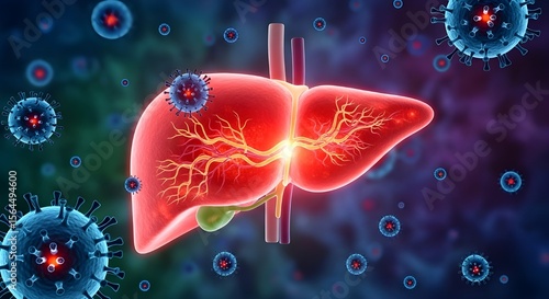 Human liver organ with virus cells medical illustration hepatitis infection disease concept