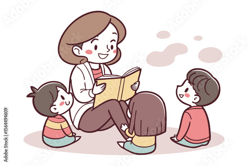 A kind teacher enthusiastically reads a book to three eager young children sitting on the floor in a cozy learning environment
