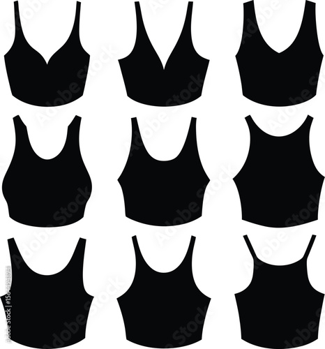 Black Crop Top Silhouettes: Fashion Tank Tops, Sleeveless Shirt Designs, Apparel Vector Graphics