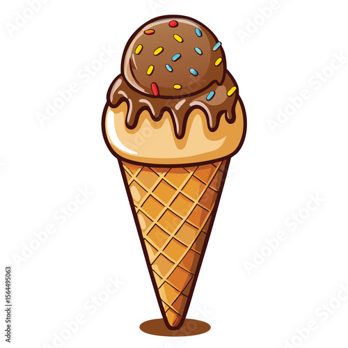 A sweet, isolated chocolate ice cream cone with a frozen wafer is a refreshing summer dessert