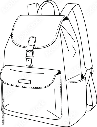 Minimalist Backpack Design Sketch: Front View with Flap Closure and Side Pocket, Fashion Illustration for Casual Bags