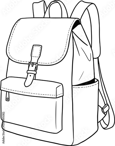 Minimalist Backpack Design Sketch: Front View with Flap Closure and Side Pocket, Fashion Illustration for Casual Bags