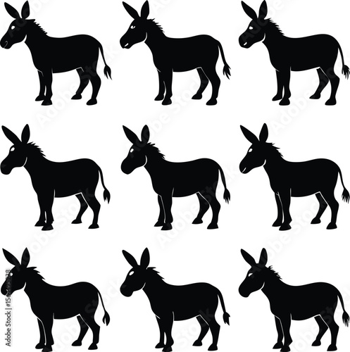 Black Donkey Silhouette Pattern: Vector Illustration of Nine Standing Donkeys on White Background