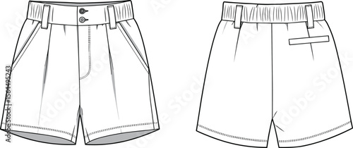 Minimalist Shorts Collection: Detailed Line Drawings of Pleated and Flat-Front Designs with Functional Features