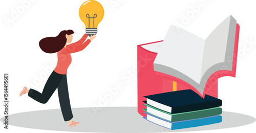 woman climb up ladder on book stack to find creative lightbulb.