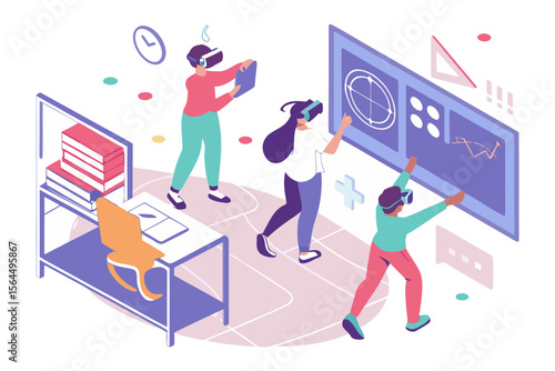 Diverse individuals engage with immersive virtual reality technology for collaborative learning and data visualization in a modern educational setting