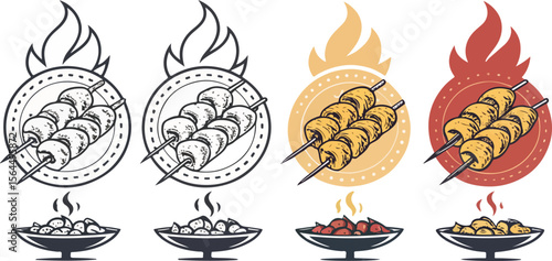 Set of Chicken Tikka Illustration vector design, Chicken Tikka Logo and icon design, Tandoori Chicken vector design