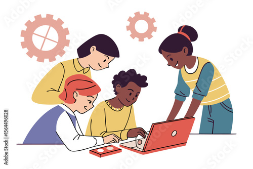 Diverse group of young students collaborating on a project using a laptop and gears symbolizing teamwork and innovation in education
