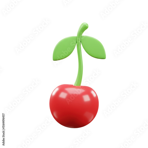 A single, ripe red cherry with a vibrant green stem and leaves, digitally rendered in 3D.