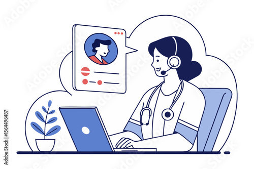 Doctor wearing headset and stethoscope consults with patient via video call on laptop representing telehealth and remote medical assistance