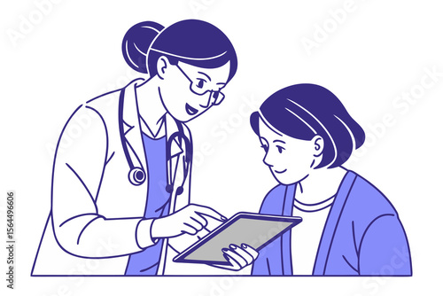 Friendly doctor wearing glasses and stethoscope shows patient results on a tablet computer in a modern clinic setting