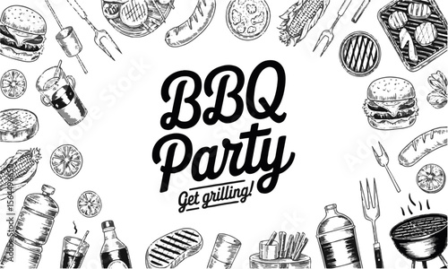 Scalable vector design featuring hand-drawn illustrations of BBQ party foods and accessories, burgers, sausages, fish, steaks, corn, drinks, BBQ grills, cutlery, sauces, condiments, easily editable