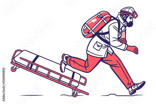 Dynamic illustration of a rescuer in protective gear running with a stretcher symbolizing emergency response and medical aid