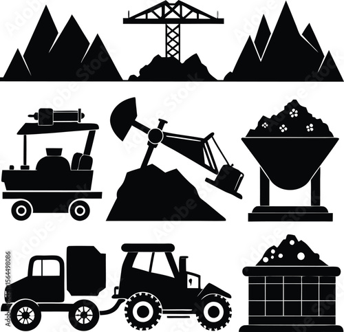 Black & White Mining Industry Icons: Coal, Oil, Trucks, Mountains, Vector Illustration