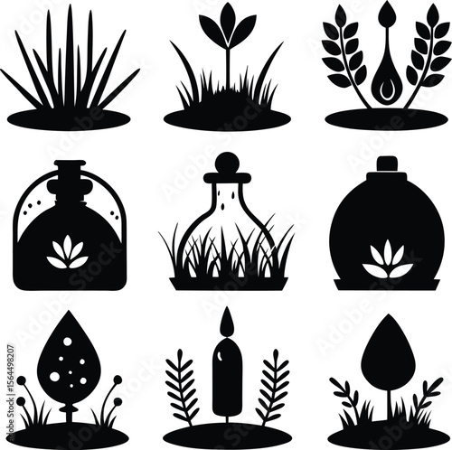 Black and White Vector Icons: Herbalism, Botany, Plants, Essential Oils, Natural Remedies