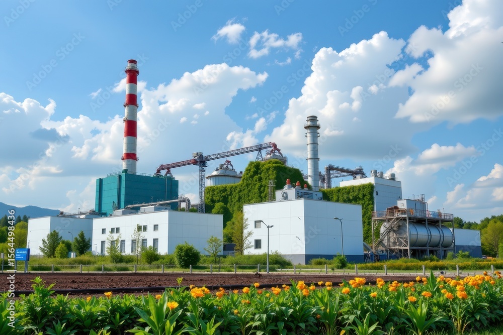 Obraz premium Modern industrial facility surrounded by greenery under blue sky with clouds and orange flowers in foreground