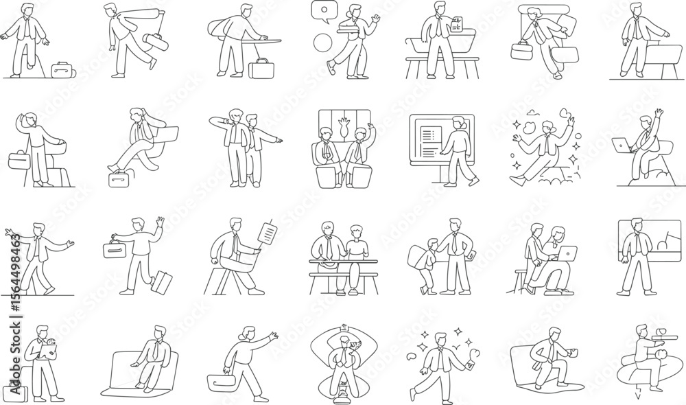 Fototapeta premium Collection of Hand-drawn Line Illustrations Depicting Business Professionals in Office, Meetings, and Corporate Environments