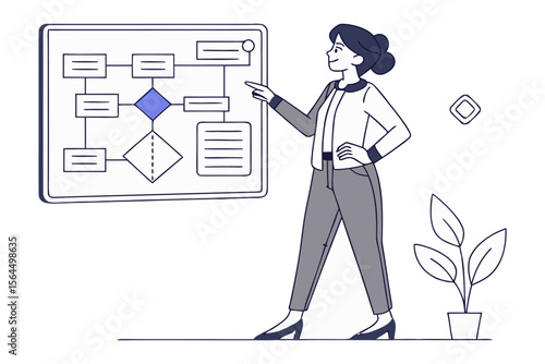 Businesswoman presenting a flowchart on a digital screen illustrating a process or strategy with a confident and professional demeanor