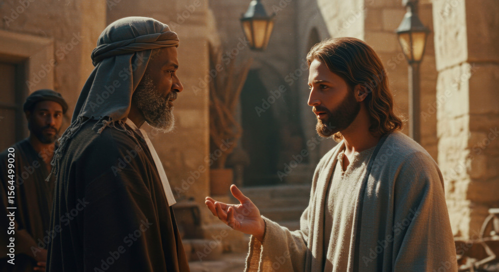 Naklejka premium A man talking to Jesus christ on an ancient street. Preaching and spiritual guidance concept. Religious story for Christian education and Bible study.
