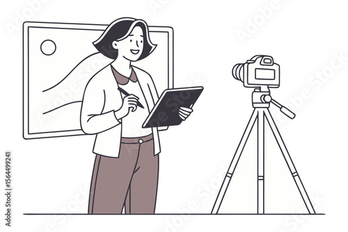 Artist creates digital artwork on tablet while filming process with camera on tripod for online tutorial or content creation