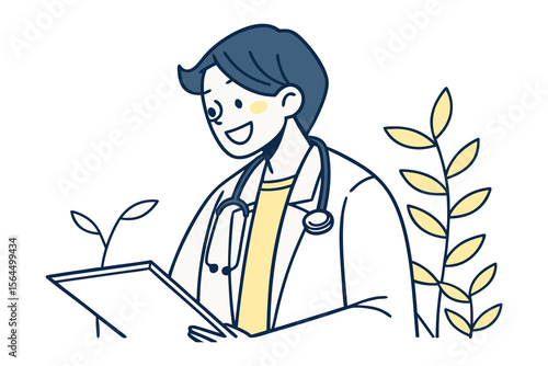 Friendly cartoon doctor with stethoscope and clipboard examining a small sprout amidst decorative plants