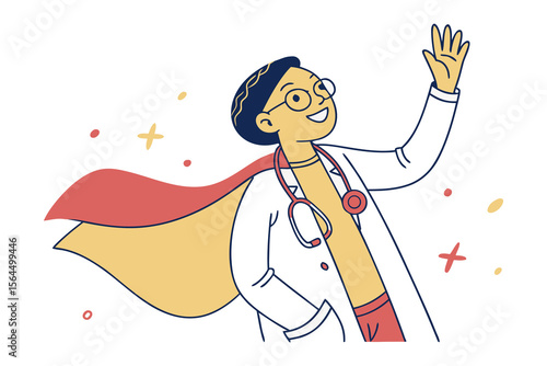 Joyful doctor superhero waving hello with a red cape and stethoscope amidst celebratory confetti and stars