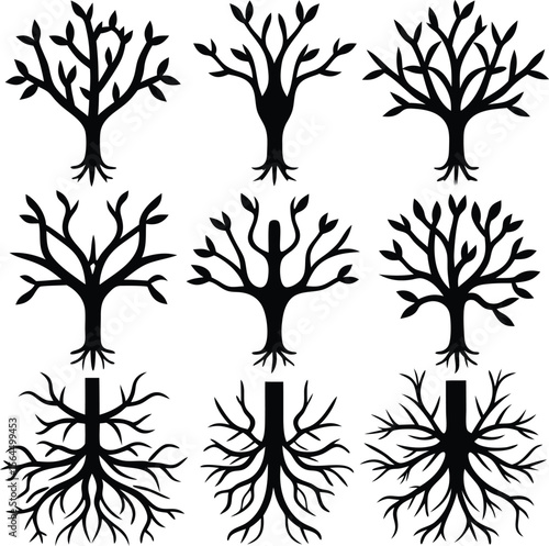 Black and White Vector Illustration of Stylized Trees with Roots and Branches Silhouettes
