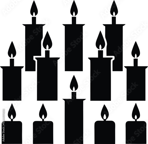 Black and White Candle Vector Graphic: Simple Illustration of Lit Candles for Holiday Design