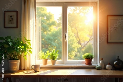 Sunny Monday Morning  A Bright and Happy Start to Your Week. Sunlight streams through a window, illuminating a cheerful and inspiring scene perfect for positive productivity.