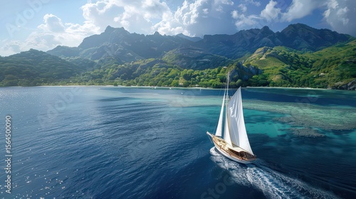 Aerial view of a sailboat sailing on the ocean near a tropical island with mountains in the background