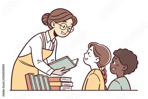 Joyful teacher shares a book with two diverse students fostering a love for reading and learning in a warm classroom setting