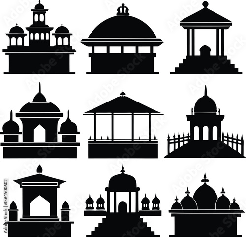 Silhouette Vector Art: Indian Architecture, Temples, Pavilions, and Traditional Buildings