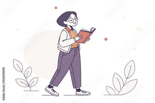 Joyful person with glasses happily reading a book while walking outdoors amidst decorative leaves and abstract shapes